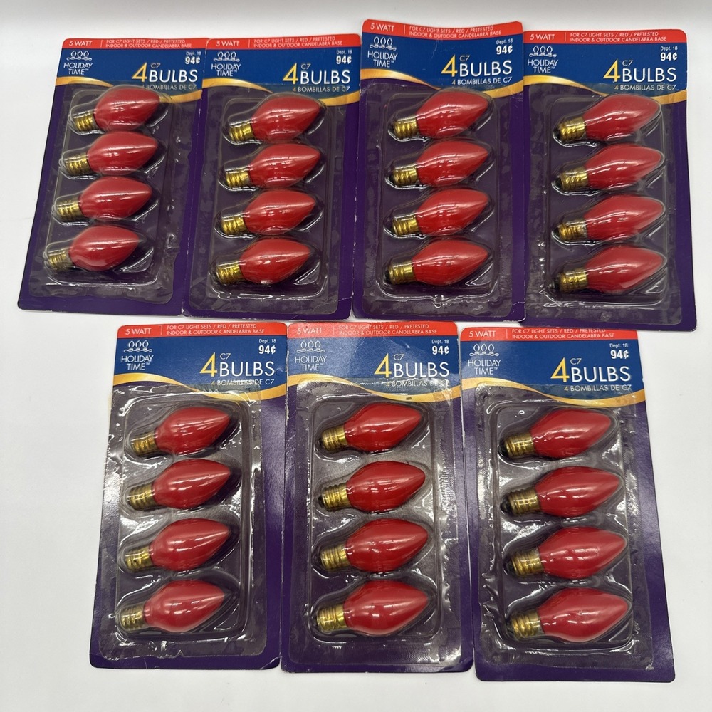 Vintage Holiday Time Red C7 Christmas Replacement Bulbs NOS 28 Bulbs 7 Packs
